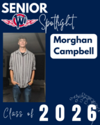 West Central High School Senior Spotlight for Morghan Campbell, Class of 2026. The graphic features a portrait of Morghan wearing a grey and black striped button-down shirt with his hands in his pockets, set against a dark blue background with the "WC" lo
